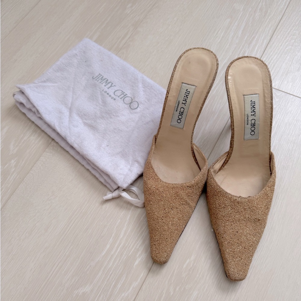 Jimmy Choo Glitter Gold Closed Toe Heels with Dust Bag